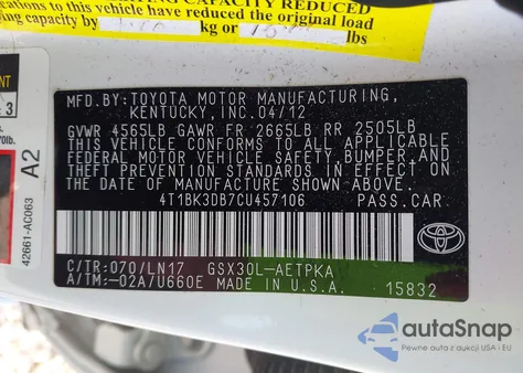 2012 Toyota Avalon Limited из США, поврежденный, VIN 4T1BK3DB7CU457106